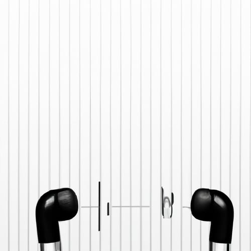 A pair of white wireless earbuds and a pair of black earbuds on either side with a line in between-3